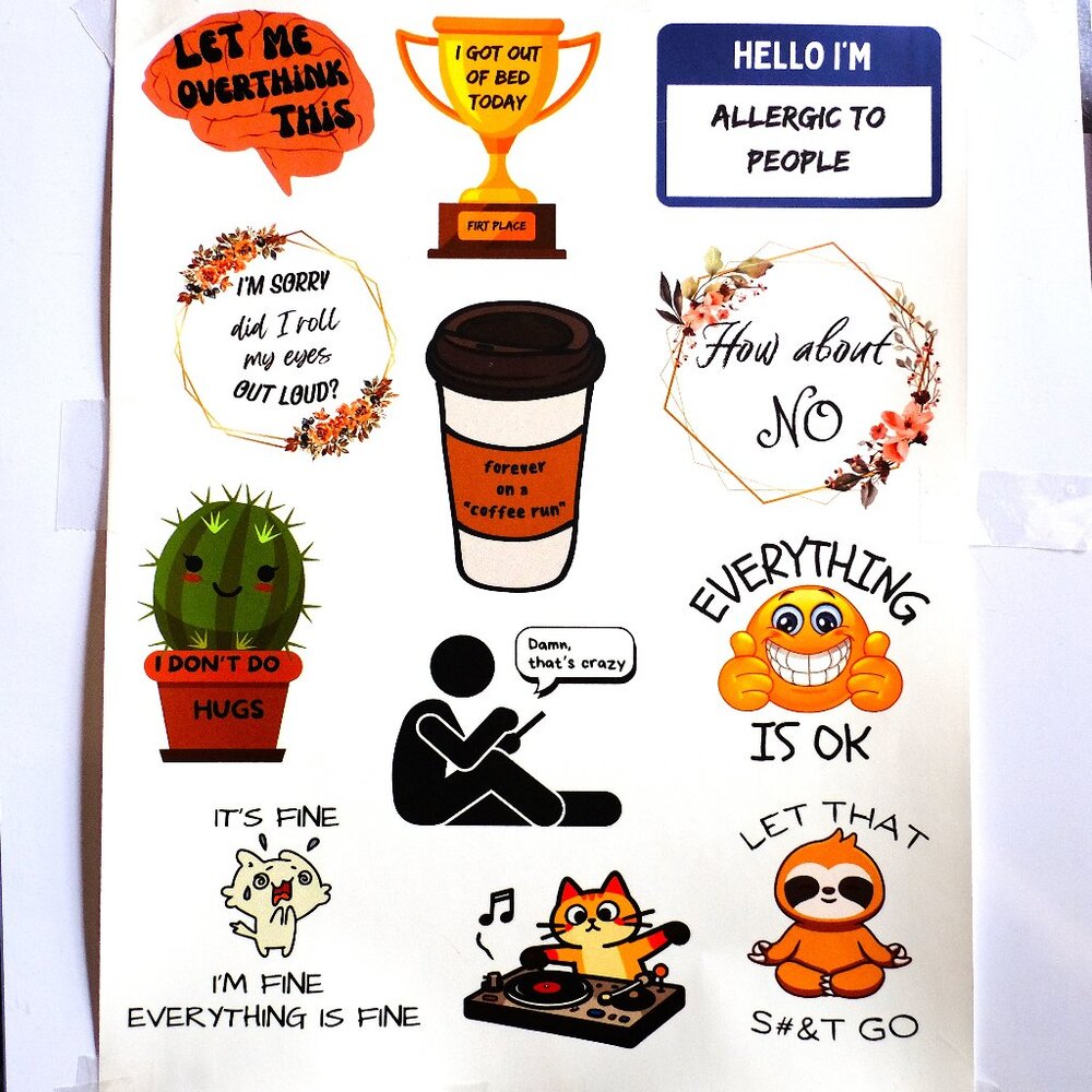 12 Handmade Colorful Funny Quotes Stickers, coffee, decorate, sarcastic, journal
